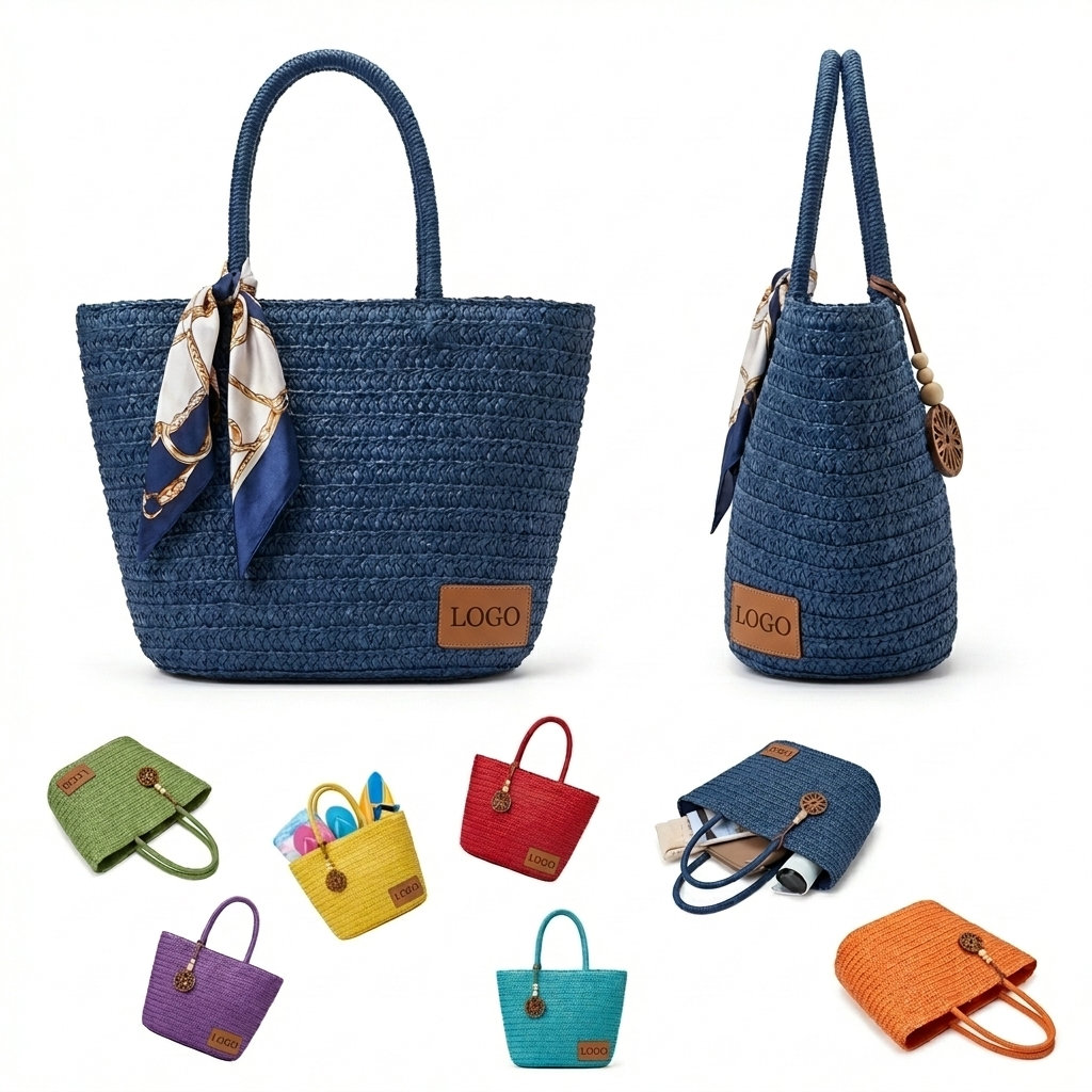 Premium Straw & Polyester Zippered Beach Tote Bag